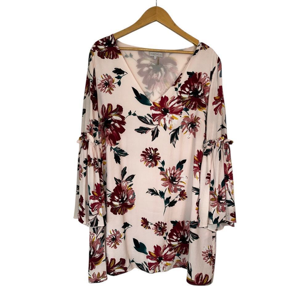 1.State Women's Boho Printed Ruffled Bell Sleeve Pullover Mini Dress Sz XL Pink